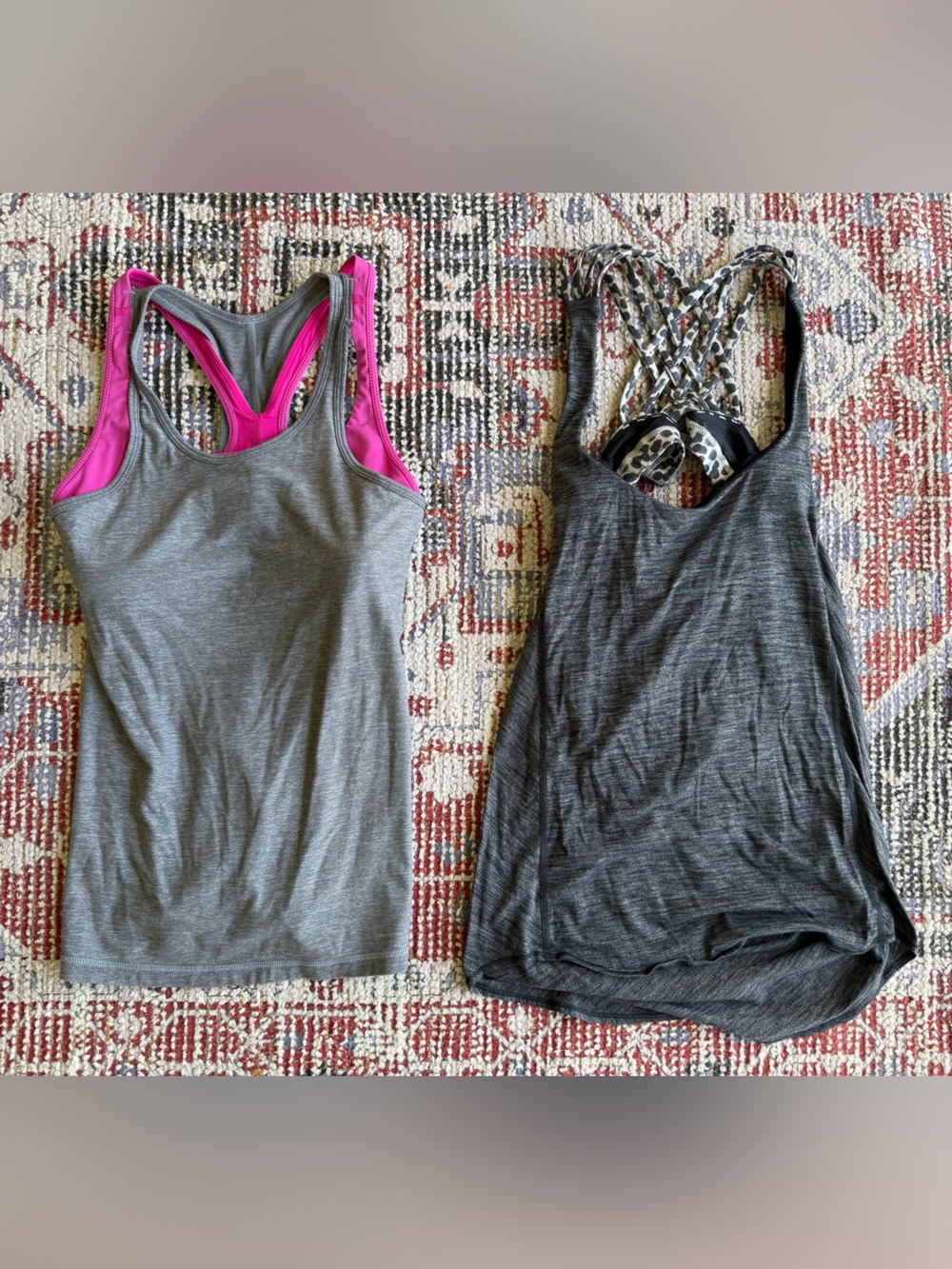 2 lululemon athletica! Grey Tank Top with Pink Lining & gray with leopard sz 6